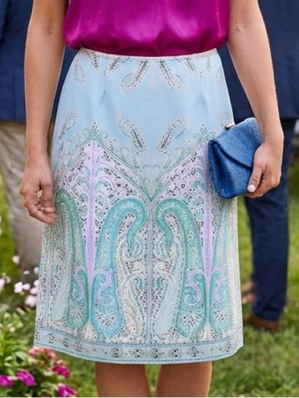Blue Paisley Silk Feel Jones Wear Sport Midi Skirt 10 Resort Party Pastel Event